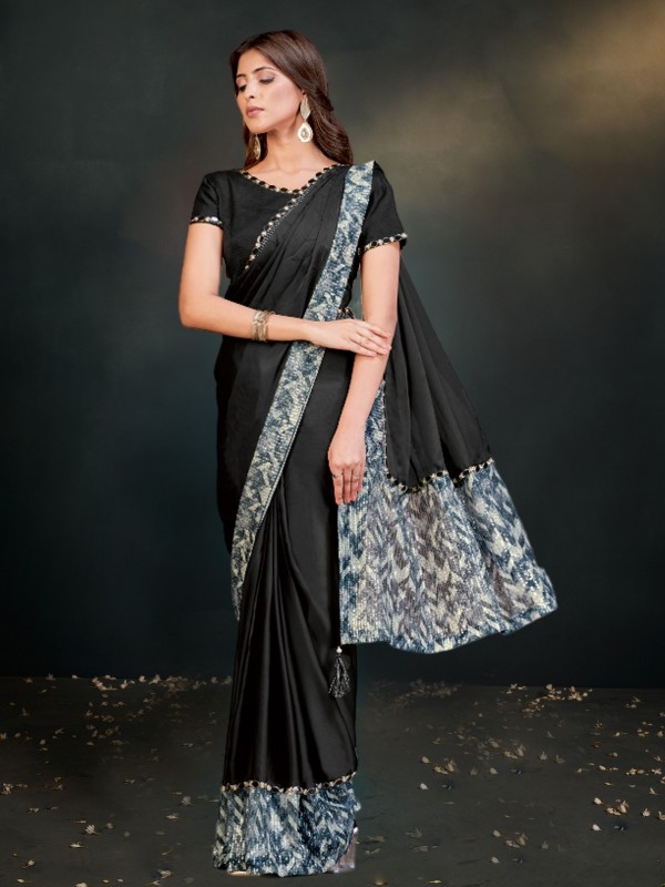 Black Crepe Satin Silk Ready To Wear Saree